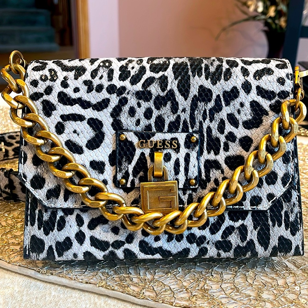Guess silver and black leop print crossbody bag